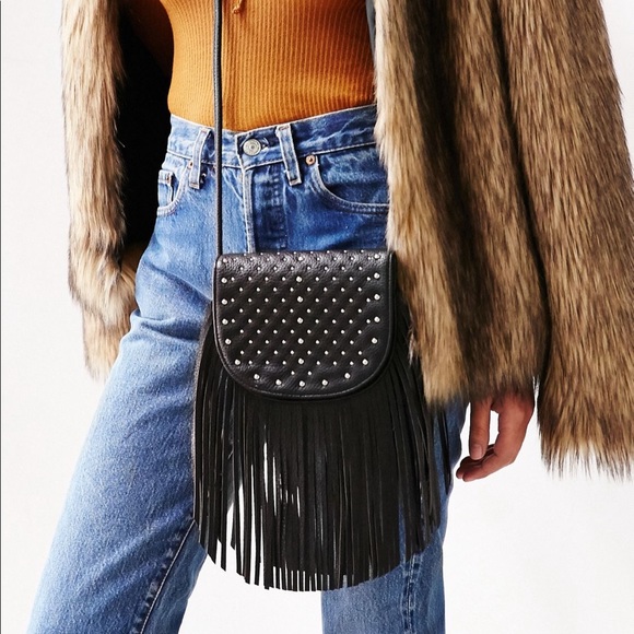 Urban Outfitters Bags Uo Ecote Black Studded Fringe Saddle Bag